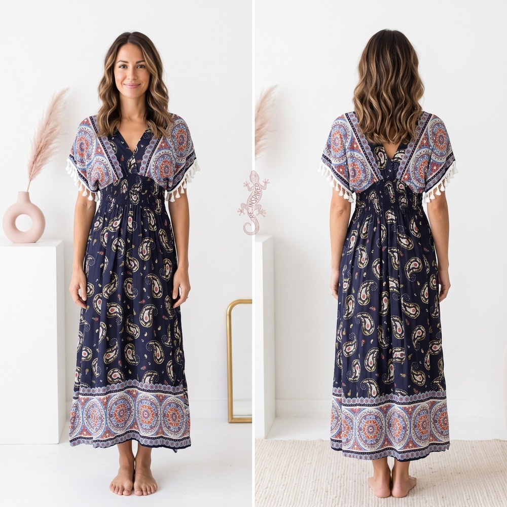 Drawn To The Horizon Maxi Dress Womens XS Navy Paisley Tassel Smocked Boho Sun